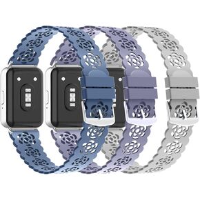 3 Pack Sport Bands Compatible with Samsung Galaxy Fit 3, Slim Lace Breathable Rose Hollowed-out Soft Silicone Replacement Straps Wristbands for Galaxy Fit3 SM-R390 Smart Watch Women Men