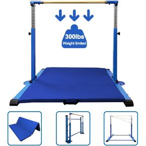 GBVUGY Gymnastics Kip Bar with Mat for Home Indoor Training,Horizontal Bar for Kids Girls Junior,Adjustable Arms from 3' - 5' Gym Equipment,1-4 Levels,300lbs Weight Capacity