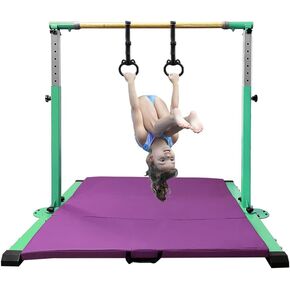 GBVUGY Gymnastics Kip Bar with Mat for Home Indoor Training,Horizontal Bar for Kids Girls Junior,Adjustable Arms from 3' - 5' Gym Equipment,1-4 Levels,300lbs Weight Capacity