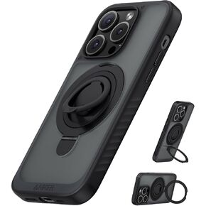 Anker Magnetic Ring Stand for iPhone 16 Pro Max Case, Silicone Finger Ring Grip Stand Holder, Military Grade Drop Tested, Compatible with MagSafe, Built in Kickstand, Soft Edge Anti-Fingerprint, Black