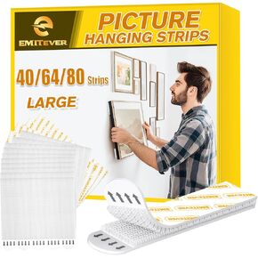 EMITEVER Picture Hanging Strips Heavy Duty, Damage Free Hanging Picture Hangers for Walls, Picture Hanging Kit, Hanging Hooks Without Nails, White Poster Adhesive Strips Large 32-Pairs (64 Strips)