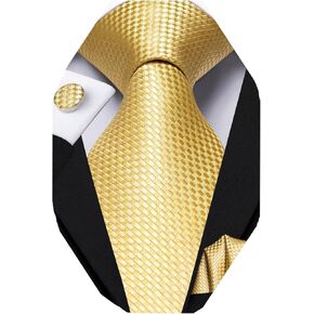 Dubulle Mens Gold Checks Tie Pocket Square Set Necktie for Men Handkerchief Cufflinks