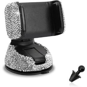Pack-1 Bling Car Phone Holder, 360 Degrees Adjustable Shiny Car Phone Mount, Universal Crystal Rhinestone Phone Stand, Car Accessories for Windshield Dashboard and Air Outlet (White)