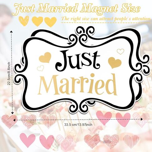 قطعتان كبيرتان من ديكورات السيارة Just Married، زينة لافتة مغناطيسية للسيارة مقاس 13.9 × 8.8 بوصة، ملصقات مغناطيسية للباب الخلفي لشهر العسل لثلاجة لوحة باب السيارة (أسود وأحمر) in Kuwait
