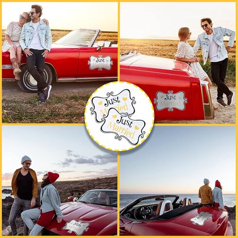 قطعتان كبيرتان من ديكورات السيارة Just Married، زينة لافتة مغناطيسية للسيارة مقاس 13.9 × 8.8 بوصة، ملصقات مغناطيسية للباب الخلفي لشهر العسل لثلاجة لوحة باب السيارة (أسود وأحمر) in Kuwait