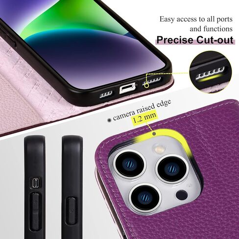 حافظة VISOUL مرصوفة بالحصى من الجلد الأصلي لهاتف iPhone 14 Pro Max مع حامل بطاقة للرجال والنساء، غطاء مغناطيسي قابل للطي مع حامل لهاتف iPhone 14 Pro Max (6.7 بوصات) (أرجواني + أرجواني فاتح) in Kuwait