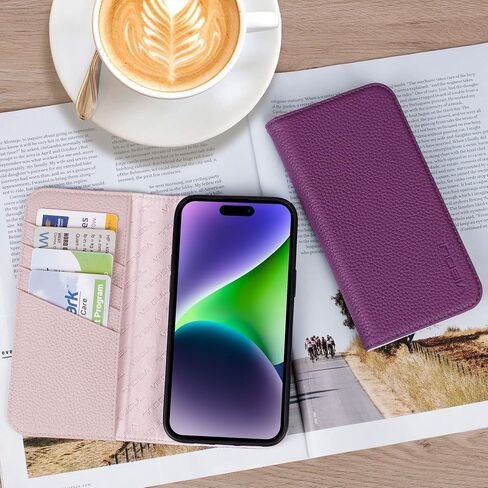حافظة VISOUL مرصوفة بالحصى من الجلد الأصلي لهاتف iPhone 14 Pro Max مع حامل بطاقة للرجال والنساء، غطاء مغناطيسي قابل للطي مع حامل لهاتف iPhone 14 Pro Max (6.7 بوصات) (أرجواني + أرجواني فاتح) in Kuwait