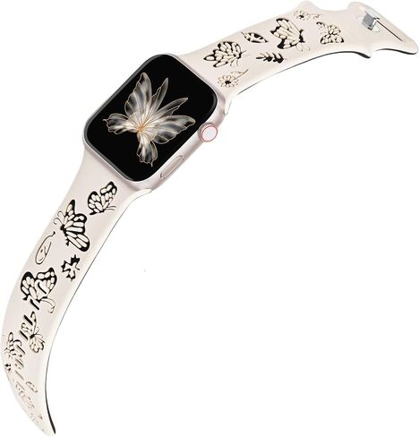 Butterfly Engraved Bands Compatible with Apple Watch Band 40mm 41mm 38mm for Women, Two-Tone Silicone Soft Sport Strap for iWatch Bands Series 10 9 8 7 SE 6 5 4 3 2 1 Ultra in Saudi Arabia