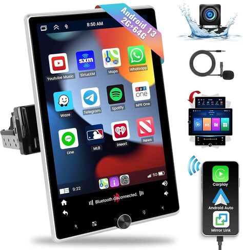 UNITOPSCI 2G+64G Single Din Android 13 Car Stereo 10.4 بوصة بمحرك قابل للتدوير شاشة تعمل باللمس لاسلكي Apple CarPlay Android Auto Car Radio GPS Navigation Bluetooth Mirror Link FM/RDS+كاميرا احتياطية ميكروفون in Saudi Arabia