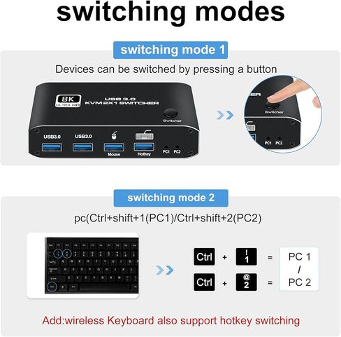 مفتاح KVM 2 شاشات 1 كمبيوتر، مفتاح NEWCARE 8K@60 هرتز HDMI KVM (داكن) in Kuwait
