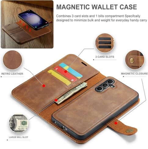 Asuwish Phone Case for Samsung Galaxy S23 FE 5G Wallet Magnetic Detachable Cell Cover with Tempered Glass Screen Protector Flip Card Holder Slot S 23 EF S23FE 23S Women Men Girls Purse Mobile Brown in Saudi Arabia