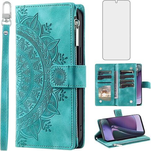 Phone Case for Motorola Moto G Stylus 5G 2023 Wallet Cover with Screen Protector and Wrist Strap Mandala Flower Flip Zipper Credit Card Holder Slot Stand Cell GStylus G5 XT2317DL Women Men Green in Kuwait