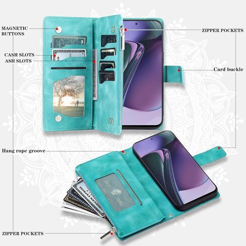 Phone Case for Motorola Moto G Stylus 5G 2023 Wallet Cover with Screen Protector and Wrist Strap Mandala Flower Flip Zipper Credit Card Holder Slot Stand Cell GStylus G5 XT2317DL Women Men Green in Kuwait