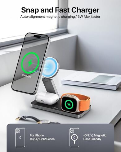 قاعدة شحن لاسلكية 3 في 1 قابلة للطي لأجهزة Apple متوافقة مع حامل شاحن Magsafe، محطة شحن لاسلكية مغناطيسية لهواتف iPhone 16 15 14 13 12 Series وAirpods Pro وApple Watch (أسود) in Kuwait
