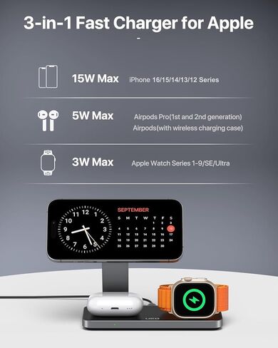 قاعدة شحن لاسلكية 3 في 1 قابلة للطي لأجهزة Apple متوافقة مع حامل شاحن Magsafe، محطة شحن لاسلكية مغناطيسية لهواتف iPhone 16 15 14 13 12 Series وAirpods Pro وApple Watch (أسود) in Kuwait