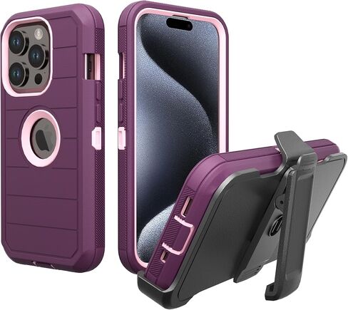 حافظة لهاتف Apple iPhone 15 Pro مع مشبك حزام ومسند، حافظة متينة متعددة الطبقات لحماية الجسم بالكامل مع حزام حزام لهاتف Apple iPhone 15 Pro 6.1 بوصة 2023 (أزرق داكن + أزرق) in Kuwait