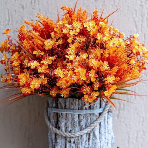 Artificial Fall Flowers Outdoor Fake Mums - 16 Bundles Fake Plants UV Resistant No Fade Faux Plastic Greenery Garden Porch Patio Fall Home Decor (1, OrangeGreen) in Saudi Arabia