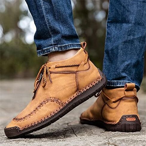 Women's Solid Color Casual Boots, Western Ankle Boots Leather Casual LightweightHand Stitching for Outdoor Workings in Kuwait