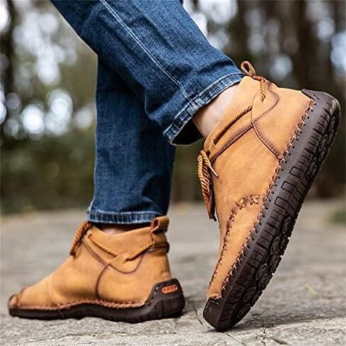 Women's Solid Color Casual Boots, Western Ankle Boots Leather Casual LightweightHand Stitching for Outdoor Workings in Kuwait