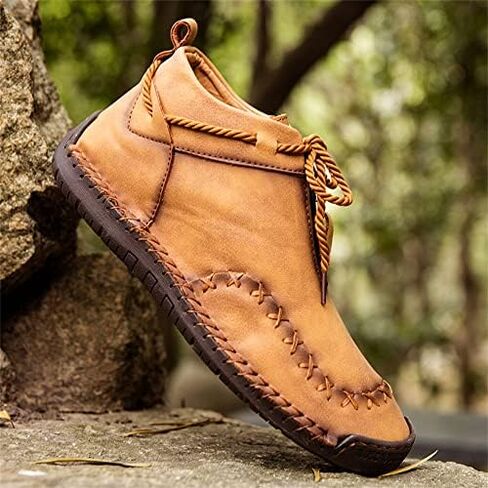 Women's Solid Color Casual Boots, Western Ankle Boots Leather Casual LightweightHand Stitching for Outdoor Workings in Kuwait