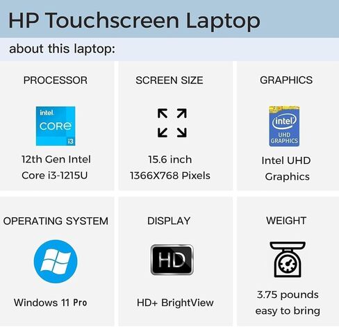 HP 2024 Newest Business Laptop, 15.6" HD Touchscreen, i3-1215U, 32GB RAM, 1TB SSD, lntel UHD Graphics, Bluetooth, Wi-Fi 5, Windows 11 Pro, with Laptop Stand in Saudi Arabia
