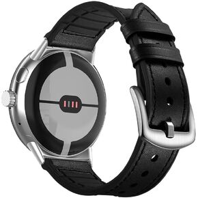 Compatible with Google Pixel Watch/Pixel Watch 2 41mm (2022/2023), Sweatproof Genuine Leather and Rubber Hybrid Band Strap (Black/Black)