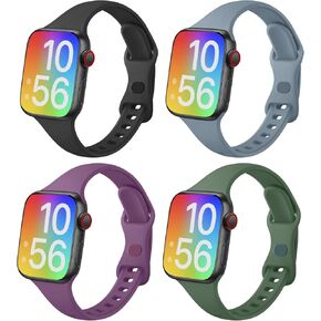 Bands Compatible with Kids Apple Watch Band 40mm 38mm 41mm 42mm 44mm 45mm for Girls Boys, 4 Pack Slim Thin Narrow Silicone Watch Strap Replacement for iWatch SE SE2 Series 9 8 7 6 5 4 3 2 1