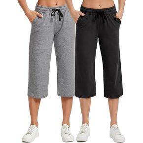 SPECIALMAGIC Women's 2 Pack Capri Pants Loose Yoga Cotton Capris Sweatpants 3 Pockets Wide Leg Drawstring Pajama Pants Navy Grey 3XL