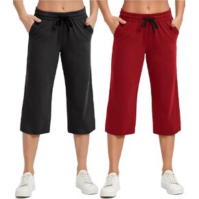 SPECIALMAGIC المرأة 2 حزمة كابري السراويل فضفاضة اليوغا القطن Capris Sweatpants 3 جيوب واسعة الساق الرباط بيجامة السراويل رمادي داكن 3XL