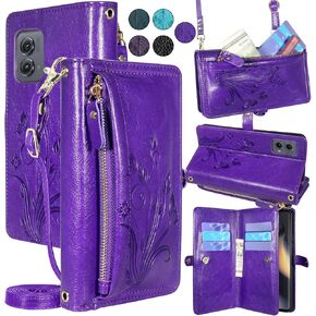 Lacass for Motorola Moto Edge 5G 2024 Case Wallet,[Cards Theft Scan Protection] Card Holder Zipper Leather Flip Cover Crossbody Wrist Strap Phone case(Floral Cyan Green)