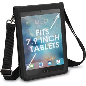 USA Gear Tablet Holder Case Compatible with iPad Mini 6 - Travel Bag Carry Cover with Open Front Design & Adjustable Shoulder Carrying Strap fits iPad Mini Tablets (Black)