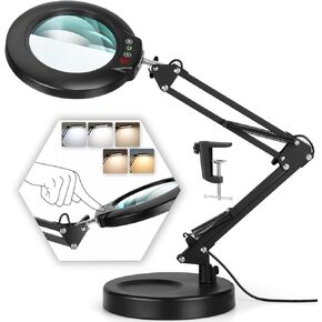 10X Magnifying Glass with Light and Stand, 2-in-1 Magnifying Desk Lamp with Clamp, 5 Color Modes Stepless Dimmable, LED Lighted Magnifier Hands Free for Painting Sewing Craft Close Work Hobby