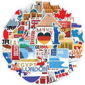 50Pcs Travel Map Stickers Pack, World Tourism Stickers for Luggage Journal Water Bottle Laptop Kindle Skateboard Scrapbooking, Waterproof Vinyl Decals for Teens Adults