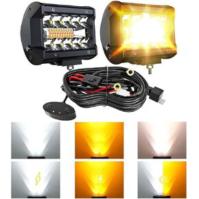 ASLONG 2pcs 4 Inch White/Amber for Offroad Truck 4WD SUV ATV UTV Yellow LED Pods Fog Light Kit Triple Row Spot Flood Combo Lamp, Wiring Harness with Switch, A Pair of Pods Lights Mount Brackets