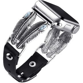 VIQIV Boho Western Bands Compatible with Apple Watch Ultra Band 38mm 40mm 41mm 42mm 44mm 45mm 49mm iwatch Series SE 9 8 7 6 5 4 3 2 for Women, Fancy Turquoise Leather Link Cuff Bracelets Metal Wristband Pretty Strap