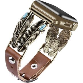 VIQIV Boho Western Bands متوافقة مع Apple Watch Ultra Band 38mm 40mm 41mm 42mm 44mm 45mm 49mm iwatch Series SE 9 8 7 6 5 4 3 2 للنساء، أساور جلدية تركوازية رائعة مع سوار معصم معدني جميل