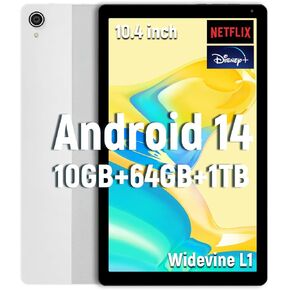 Android Tablet, 10.4 inch Tablet 1332 * 800 IPS Screen, Android 14 Octa-Core Processor with 64GB Storage, WiFi 6+BT5.3+TF 1TB+OTG Type-C, Powerful Performance Tablet – Silver