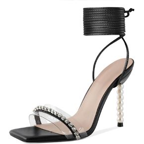 Zamikoo Womens Heeled Sandals Square Open Toe Lace Up Rhinestone Clear Strap Stiletto Pearl Heels 4 Inches