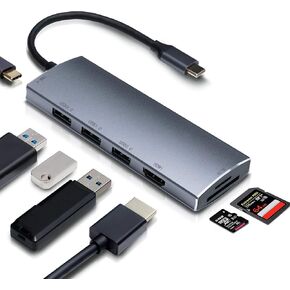 USB C Adapter, USB C Hub, 7 in 1 Type C Adapter with 4k HD Port, 3 USB 3.0 Ports, SD/TF Card Reader, USB C PD Charging Port by Gecen, Compatible with MacBook Pro/Air, Chromebook