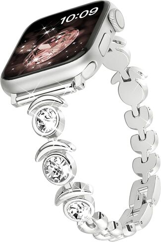 متوافق مع أحزمة ساعة Apple Watch Bling الرقيقة من Dressy Designer للنساء والرجال 44 مم 45 مم 49 مم 42 مم 46 مم، أساور Crescent Moon iWatch لساعة Apple Watch Ultra 2 1 SE Series 10 9 8 7 6 5 4 3 2 سوار (فضي) in Kuwait