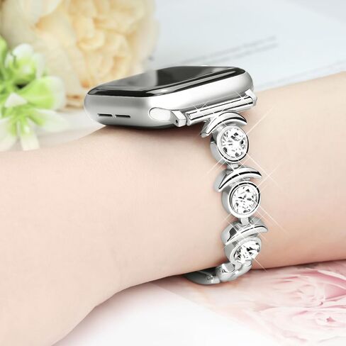 متوافق مع أحزمة ساعة Apple Watch Bling الرقيقة من Dressy Designer للنساء والرجال 44 مم 45 مم 49 مم 42 مم 46 مم، أساور Crescent Moon iWatch لساعة Apple Watch Ultra 2 1 SE Series 10 9 8 7 6 5 4 3 2 سوار (فضي) in Kuwait