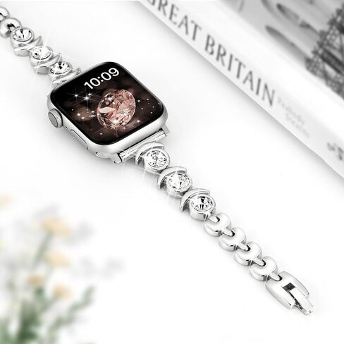 متوافق مع أحزمة ساعة Apple Watch Bling الرقيقة من Dressy Designer للنساء والرجال 44 مم 45 مم 49 مم 42 مم 46 مم، أساور Crescent Moon iWatch لساعة Apple Watch Ultra 2 1 SE Series 10 9 8 7 6 5 4 3 2 سوار (فضي) in Kuwait