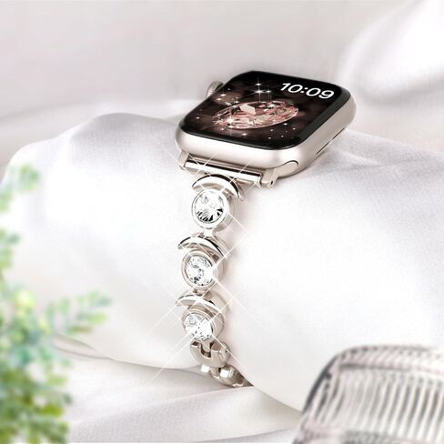 متوافق مع أحزمة ساعة Apple Watch Bling الرقيقة من Dressy Designer للنساء والرجال 44 مم 45 مم 49 مم 42 مم 46 مم، أساور Crescent Moon iWatch لساعة Apple Watch Ultra 2 1 SE Series 10 9 8 7 6 5 4 3 2 سوار (فضي) in Kuwait