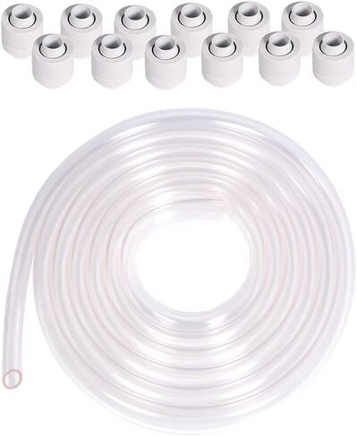 Alphacool Clear AlphaTube HF Flexible Tubing (3 Meter) and Eiszapfen G1/4" to 10mm ID, 13mm OD Compression Fittings Bundle, White, 12-Pack in Kuwait