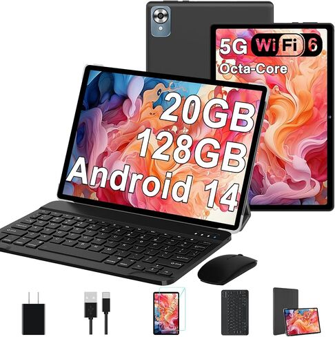 2024 Newest Android 14 Tablet with Keyboard 20GB+128GB+1TB Expand, 10.1 Inch Octa-Core 2-in-1 Tablets with HD IPS Display, 5G Wifi 6, 6000 mAh, Widevine L1, Split Screen,Face Unlock,Mouse,Case -Black in Saudi Arabia