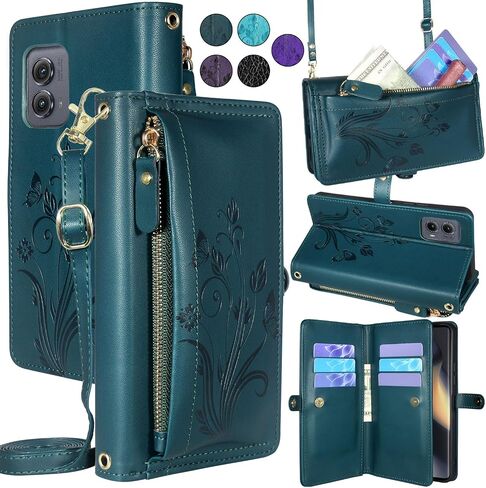 Lacass for Motorola Moto Edge 5G 2024 Case Wallet,[Cards Theft Scan Protection] Card Holder Zipper Leather Flip Cover Crossbody Wrist Strap Phone case(Floral Cyan Green) in Saudi Arabia
