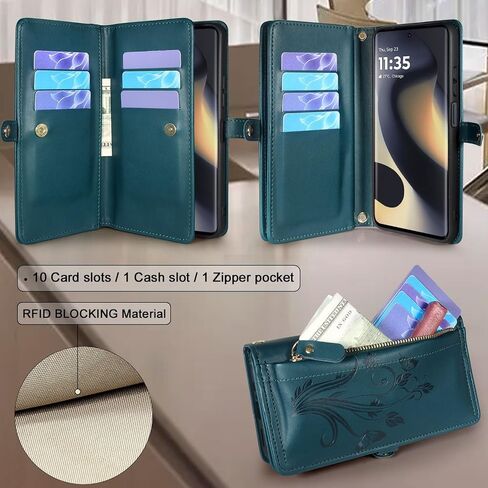 Lacass for Motorola Moto Edge 5G 2024 Case Wallet,[Cards Theft Scan Protection] Card Holder Zipper Leather Flip Cover Crossbody Wrist Strap Phone case(Floral Cyan Green) in Saudi Arabia