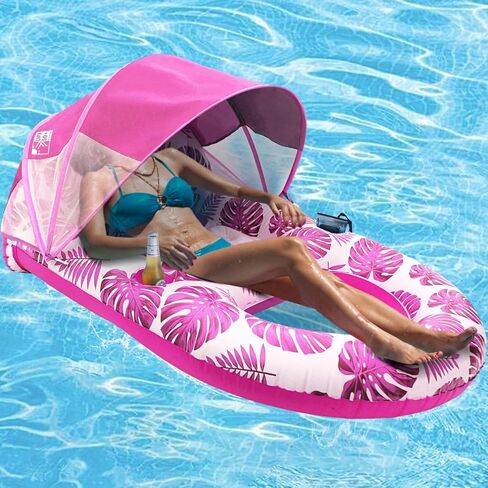 COOLCOOLDEE Pool Lounge Float with Canopy UPF50+,Extra Large Pool Floats for Adults Heavy Duty,Inflatable Lounger Float with Cup Holder & Backrest,Footrest in Saudi Arabia
