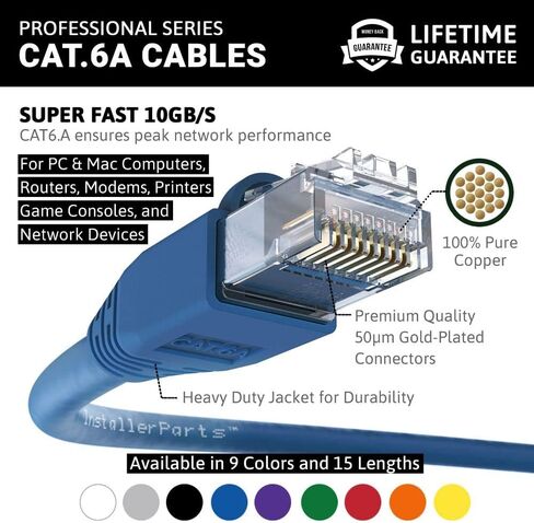 InstallerParts Ethernet Cable CAT6A Cable UTP Booted 15 FT - Black - Professional Series - 10Gigabit/Sec Network/High Speed Internet Cable, 550MHZ in Kuwait