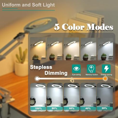 10X Magnifying Glass with Light and Stand, 2-in-1 Magnifying Desk Lamp with Clamp, 5 Color Modes Stepless Dimmable, LED Lighted Magnifier Hands Free for Painting Sewing Craft Close Work Hobby in Saudi Arabia
